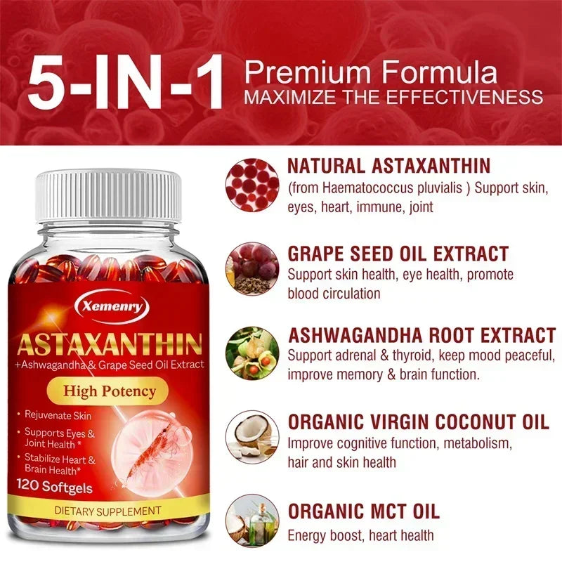Astaxanthin 24mg con Ashwagandha – Antioxidante para Piel, Ojos, Articulaciones e Inmunidad
