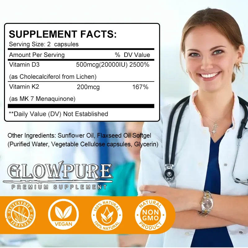 Vitamina D3 K2 – 20,000 IU para Huesos Fuertes, Absorción de Calcio y Salud Cardiovascular