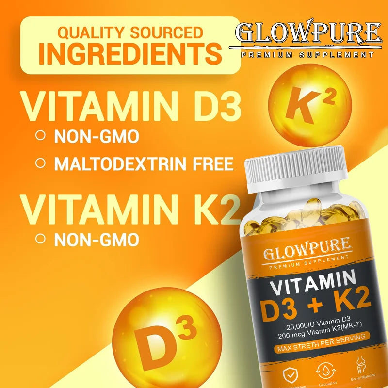 Vitamina D3 K2 – 20,000 IU para Huesos Fuertes, Absorción de Calcio y Salud Cardiovascular