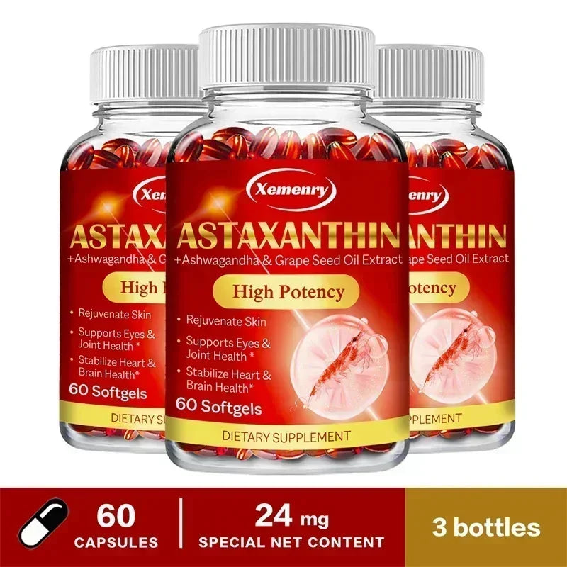 Astaxanthin 24mg con Ashwagandha – Antioxidante para Piel, Ojos, Articulaciones e Inmunidad