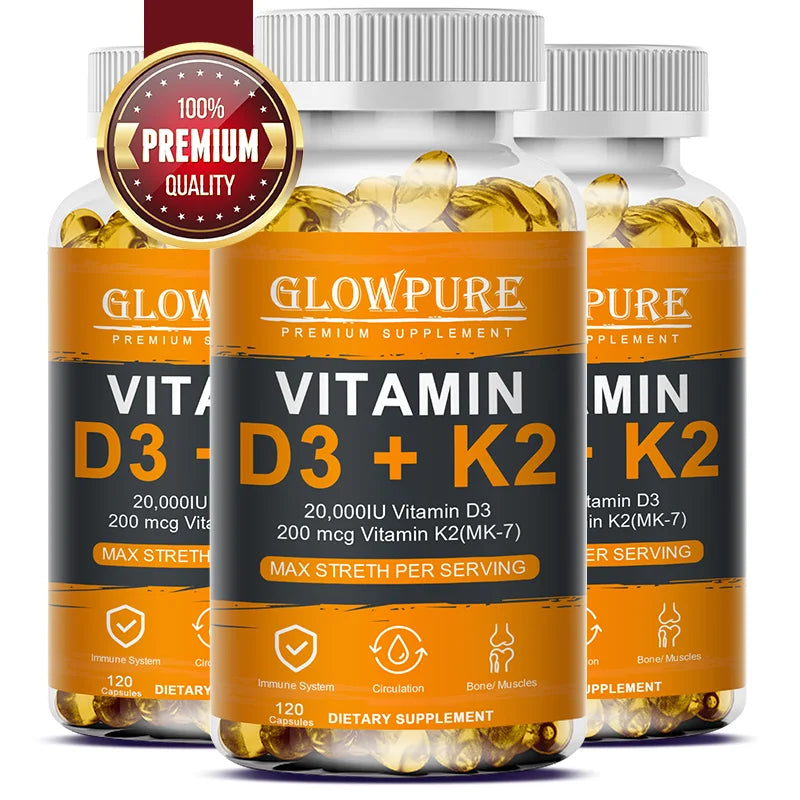 Vitamina D3 K2 – 20,000 IU para Huesos Fuertes, Absorción de Calcio y Salud Cardiovascular