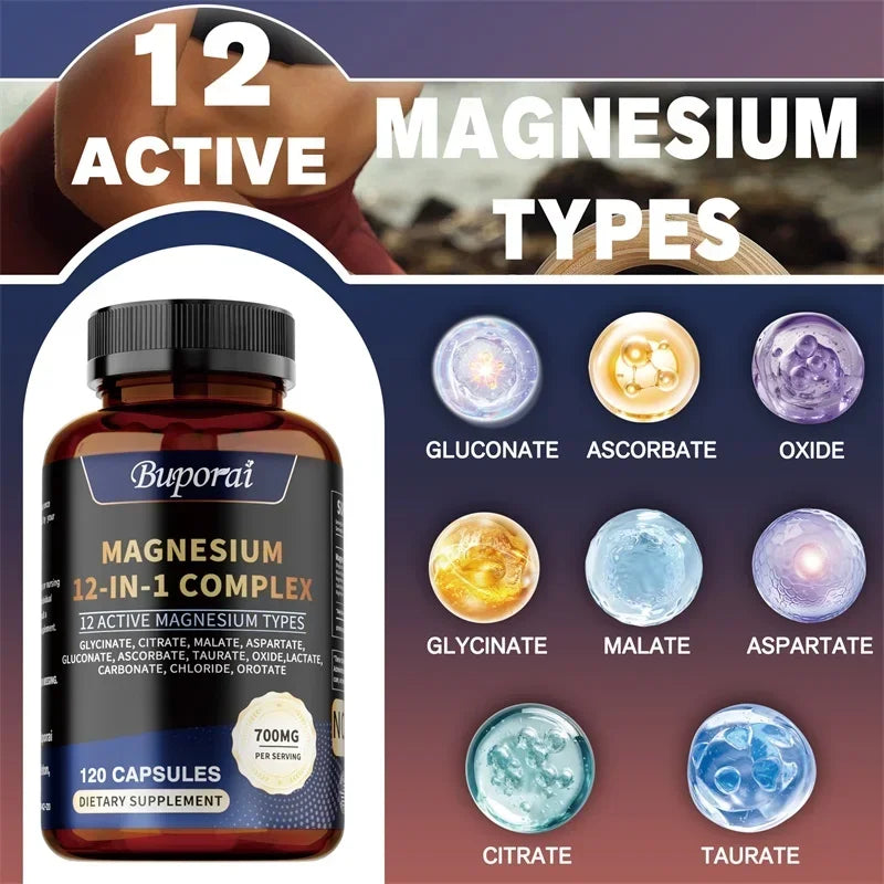 Magnesio Complex – 12 Formas de Magnesio para Huesos, Corazón, Sueño y Relajación – 120 piezas