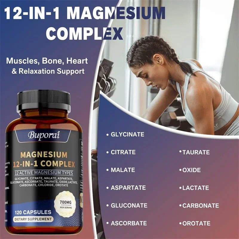 Magnesio Complex – 12 Formas de Magnesio para Huesos, Corazón, Sueño y Relajación – 120 piezas