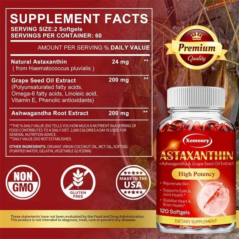 Astaxanthin 24mg con Ashwagandha – Antioxidante para Piel, Ojos, Articulaciones e Inmunidad