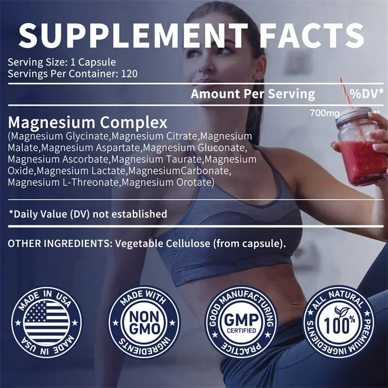 Magnesio Complex – 12 Formas de Magnesio para Huesos, Corazón, Sueño y Relajación – 120 piezas